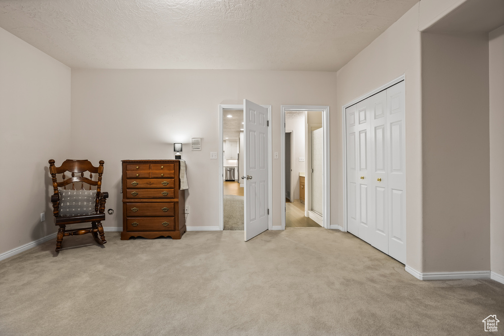 Bedroom featuring light carpet, a textured ceiling, and a closet