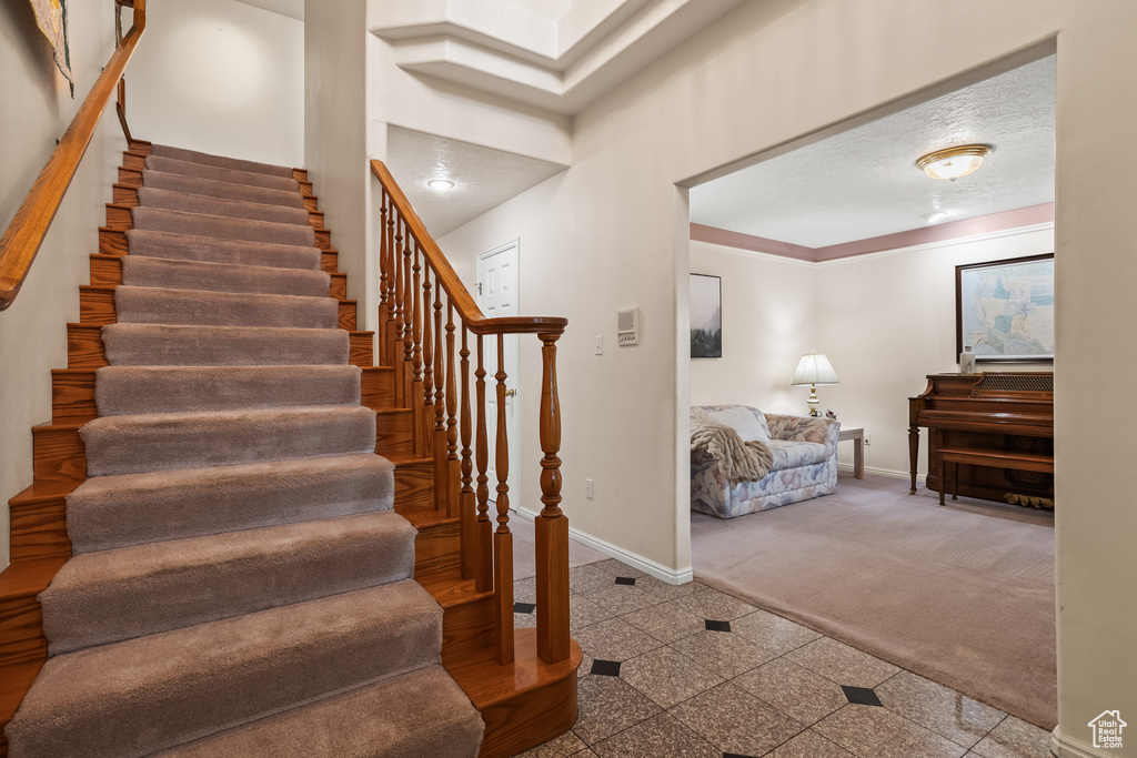 Stairs with carpet and a textured ceiling