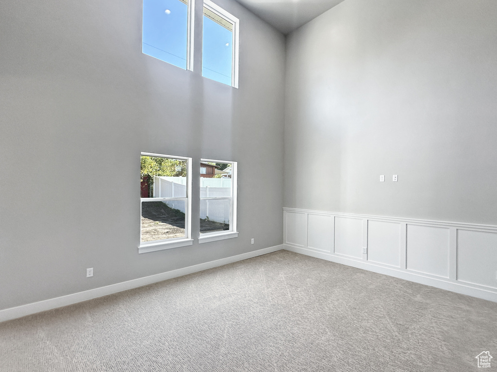 Spare room with a high ceiling and carpet flooring