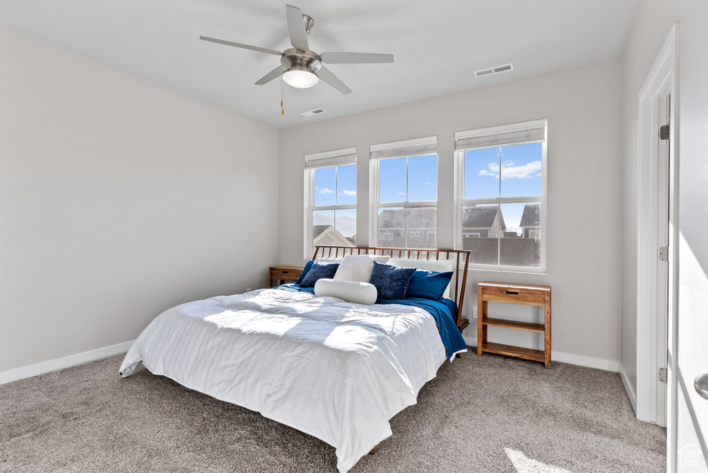 Bedroom featuring ceiling fan, carpet floors, and multiple windows