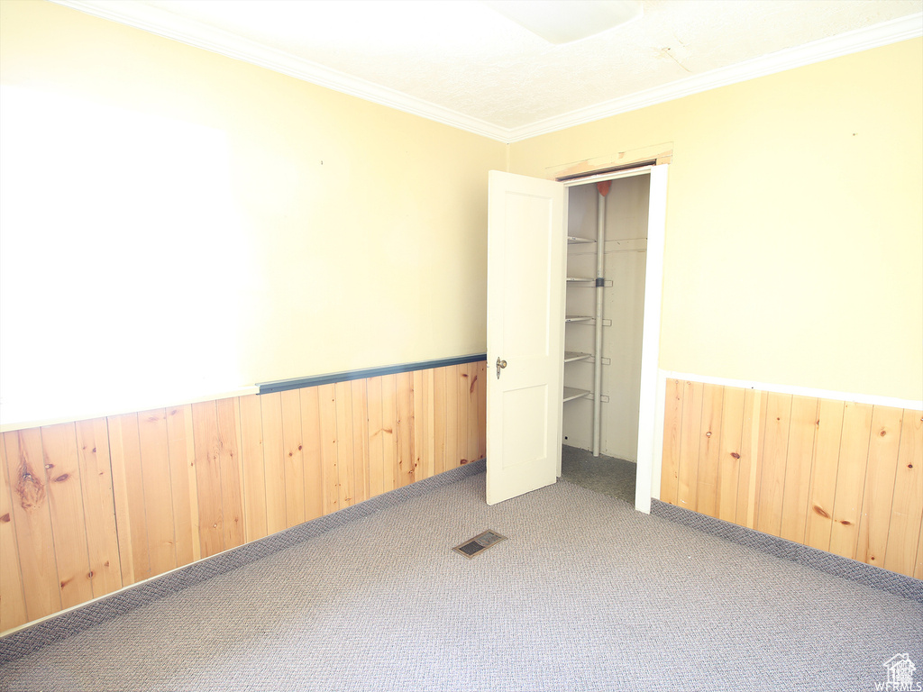 Spare room featuring wooden walls, crown molding, and carpet