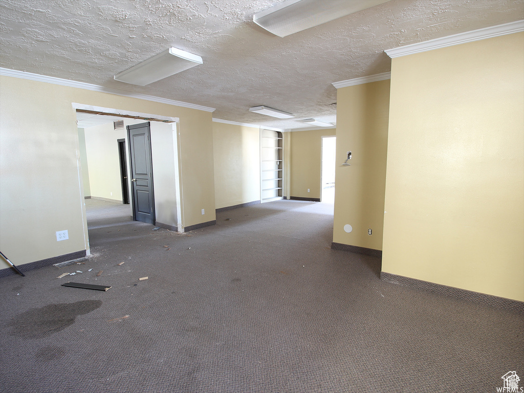 Empty room featuring ornamental molding, a textured ceiling, and dark colored carpet