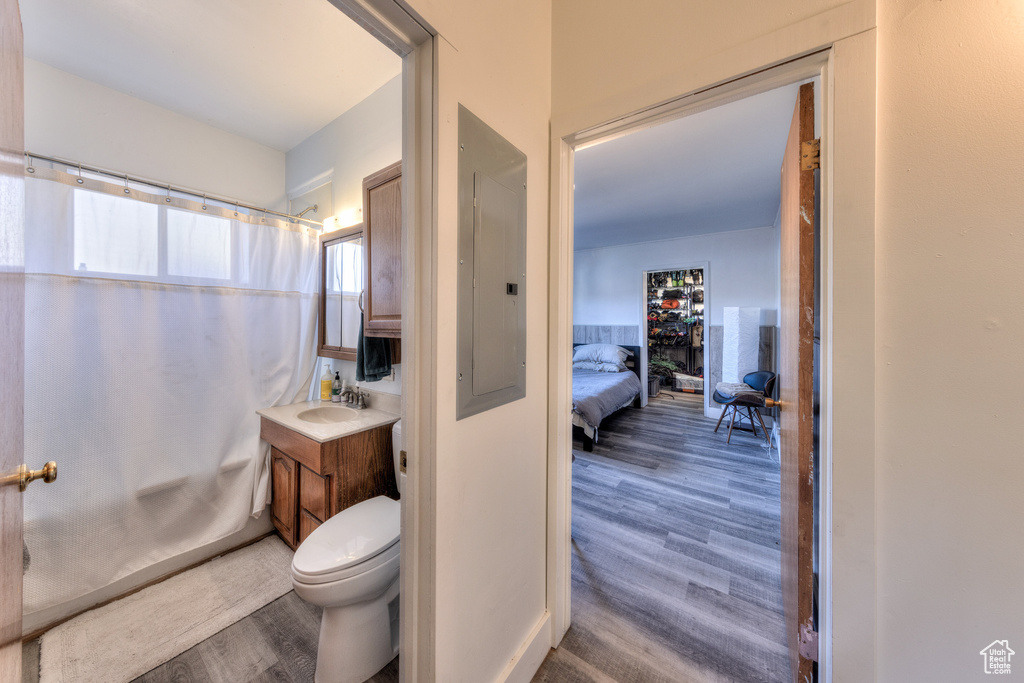 Bathroom with wood-type flooring, vanity, toilet, and electric panel