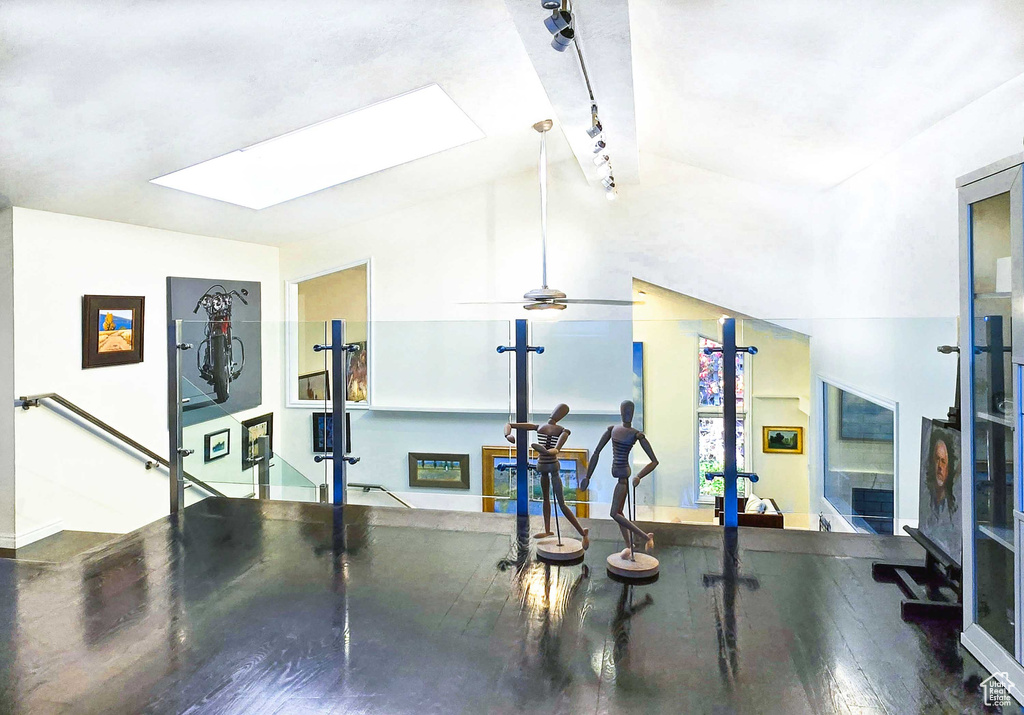 Exercise area featuring lofted ceiling with skylight, hardwood / wood-style floors, and track lighting