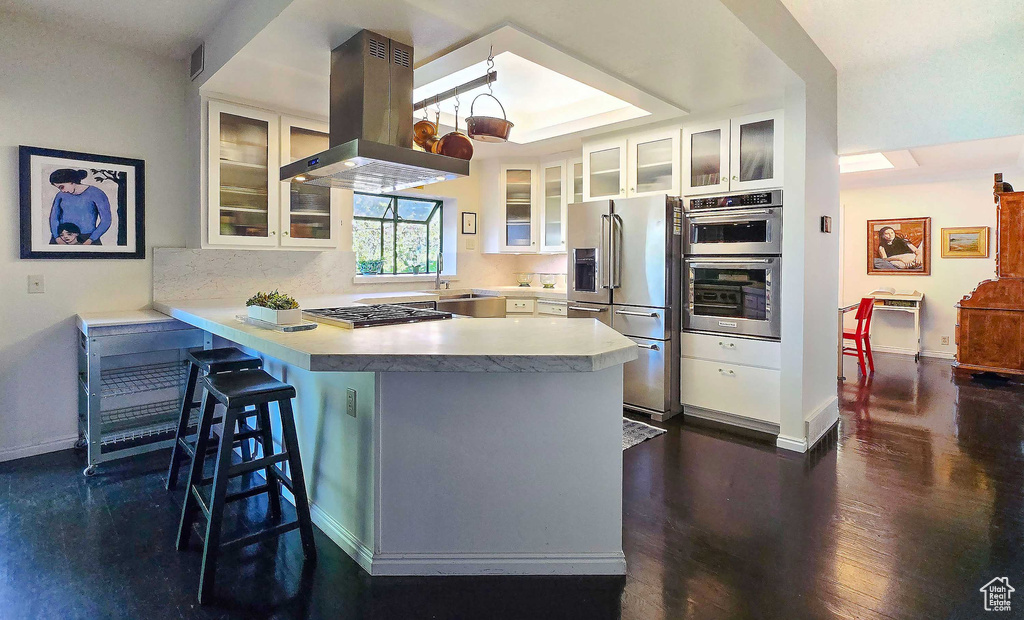 Kitchen with island exhaust hood, kitchen peninsula, dark hardwood / wood-style flooring, stainless steel appliances, and white cabinetry