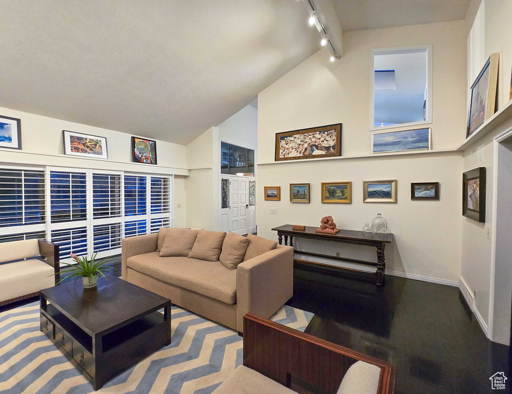 Living room featuring track lighting and high vaulted ceiling