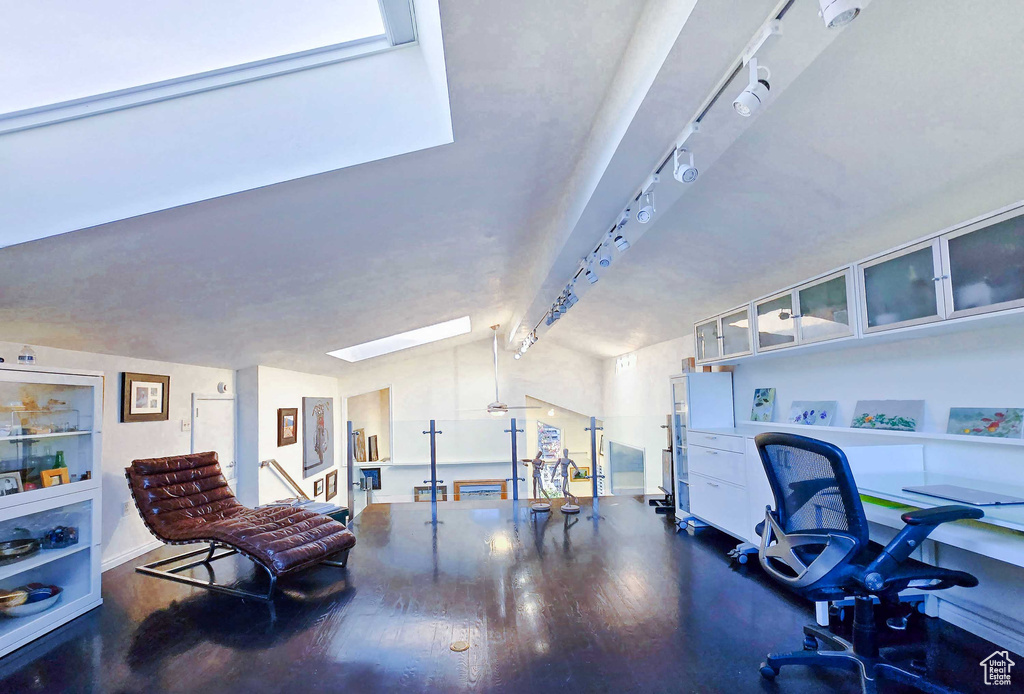 Office space featuring a skylight, rail lighting, and dark hardwood / wood-style floors