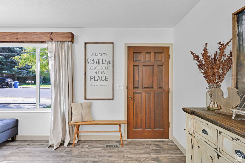 Entrance foyer with wood-type flooring