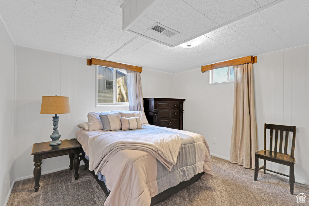 Carpeted bedroom with wooden walls