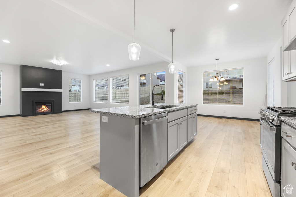 Kitchen featuring light hardwood / wood-style flooring, stainless steel appliances, a center island with sink, and sink