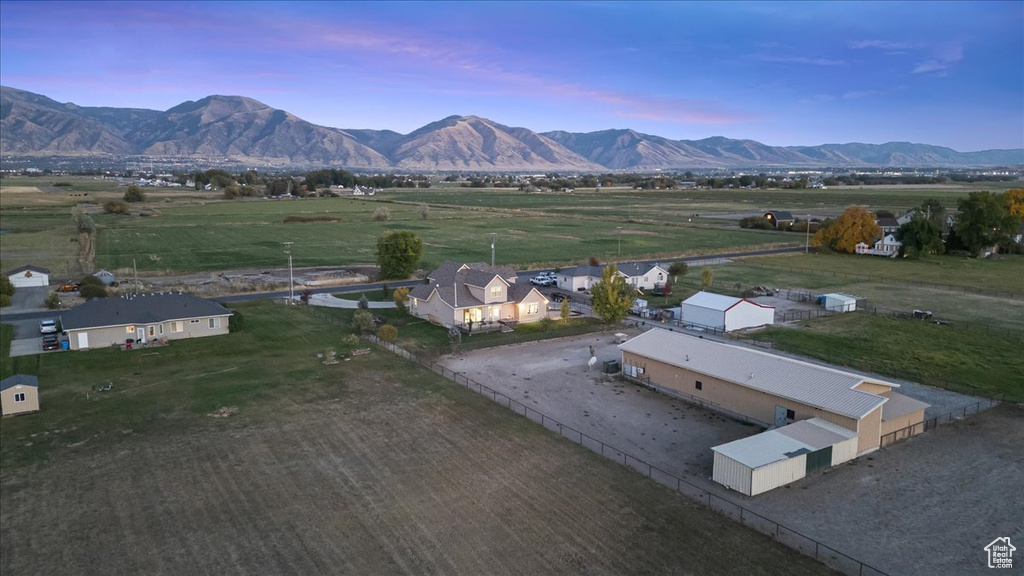 Aerial view at dusk with a mountain view