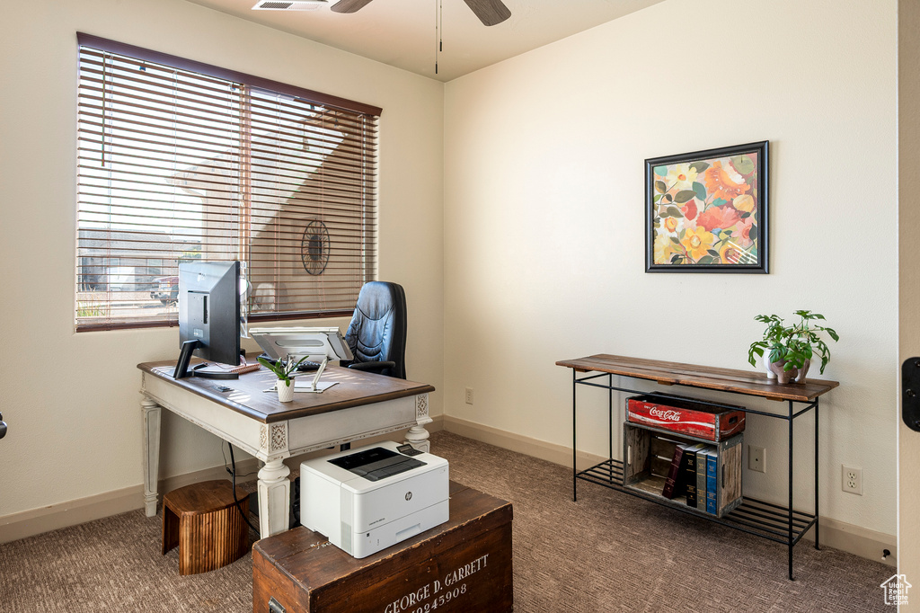 Office space featuring carpet and ceiling fan