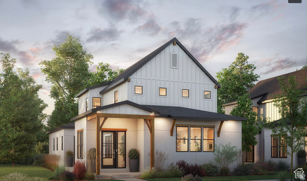 View of modern farmhouse style home