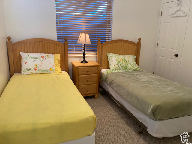 Bedroom with light colored carpet