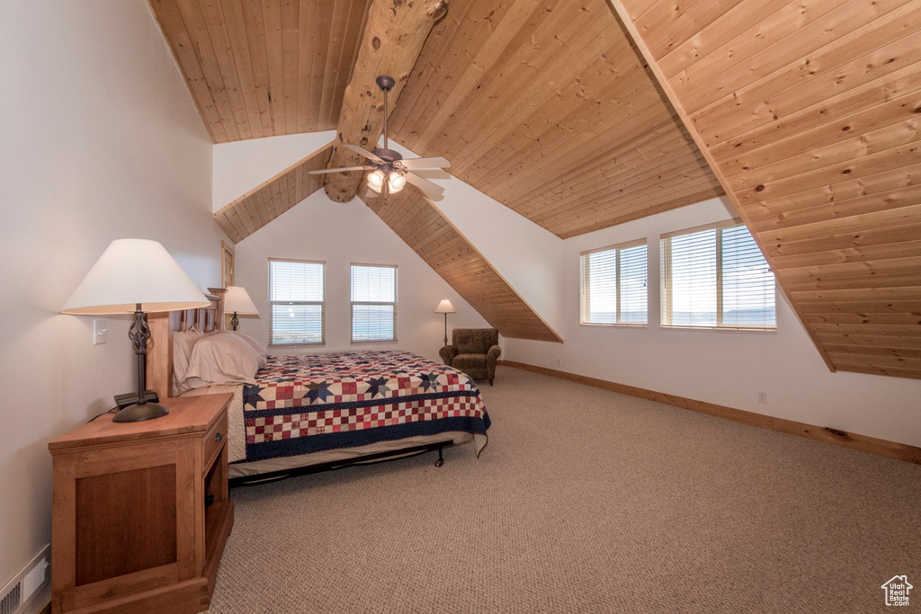 Carpeted bedroom featuring ceiling fan, wood ceiling, and lofted ceiling with beams