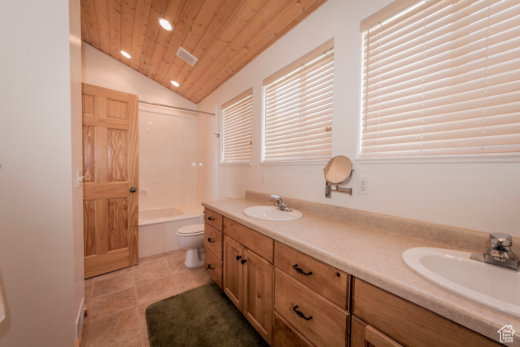 Full bathroom with vaulted ceiling, vanity, wooden ceiling, shower / tub combination, and toilet