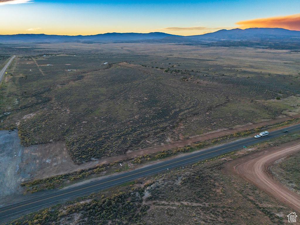 Aerial view at dusk with a mountain view