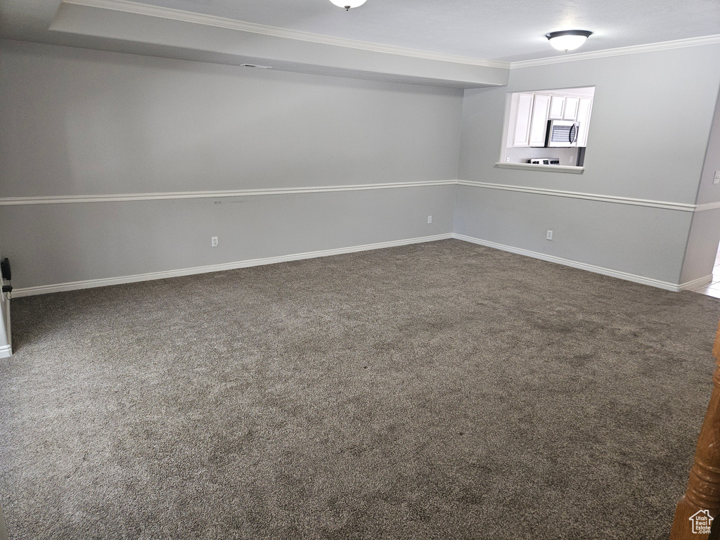 Basement featuring dark carpet and ornamental molding