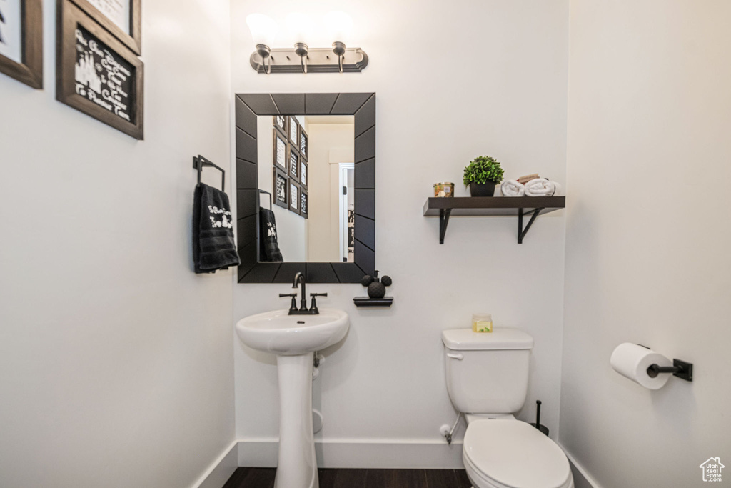 Bathroom with wood-type flooring and toilet