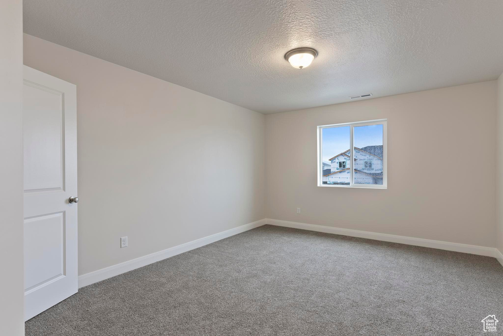 Carpeted spare room featuring a textured ceiling