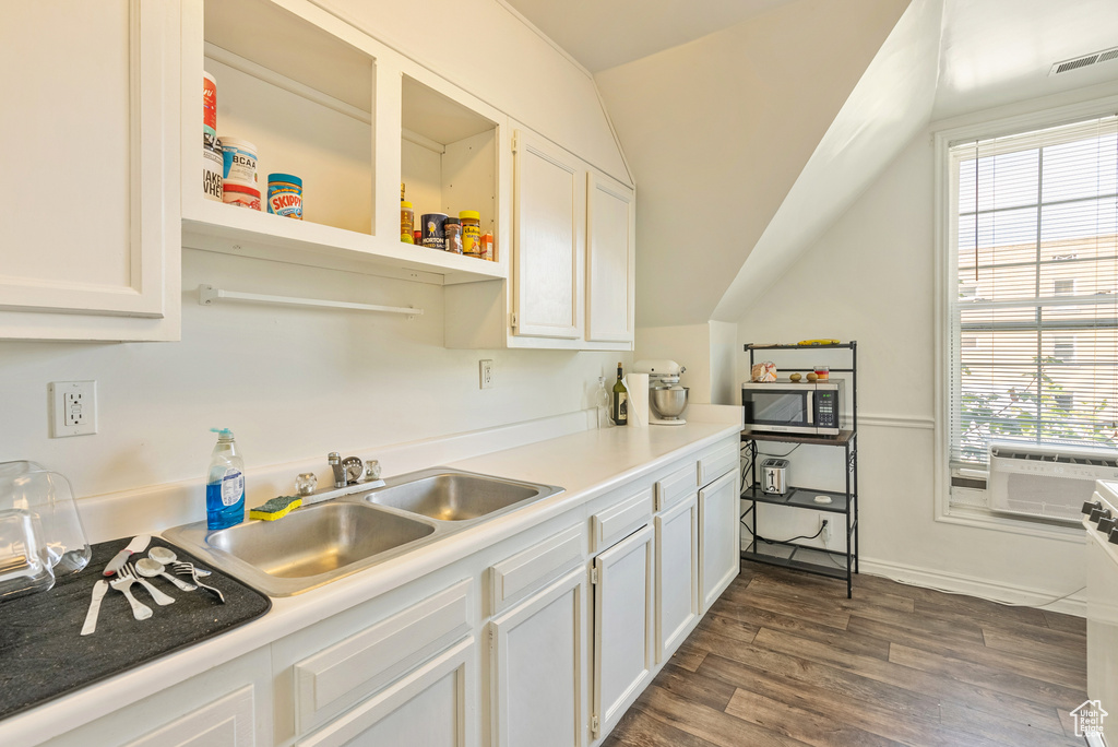 Kitchen featuring sink, dark wood-type flooring, white cabinetry, and a healthy amount of sunlight