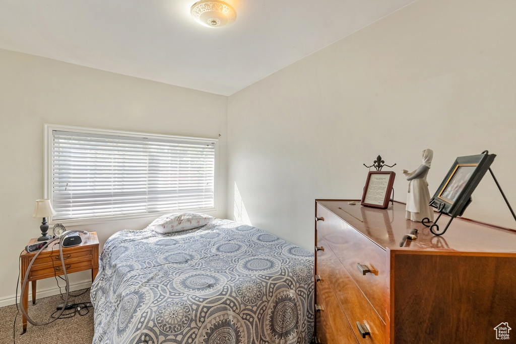 Carpeted bedroom with vaulted ceiling