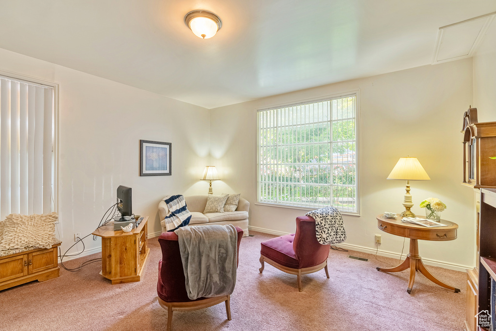 Living area featuring light colored carpet