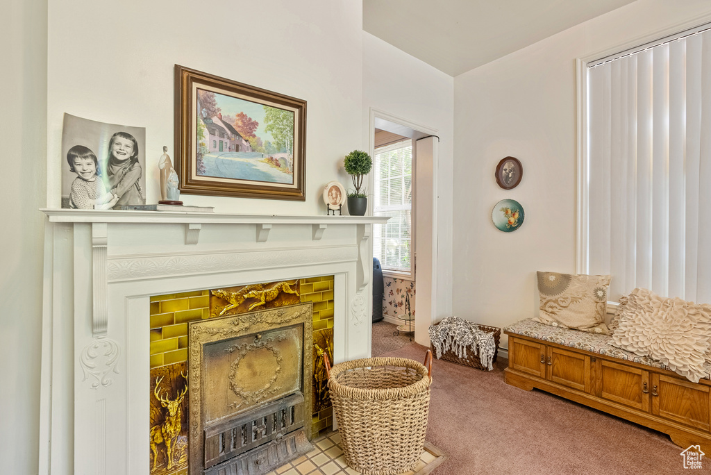 Living area featuring light carpet