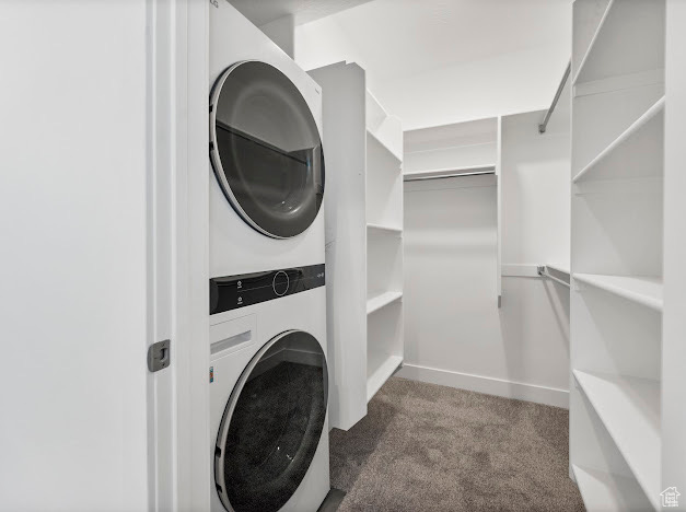 Laundry room featuring carpet floors and stacked washer and clothes dryer