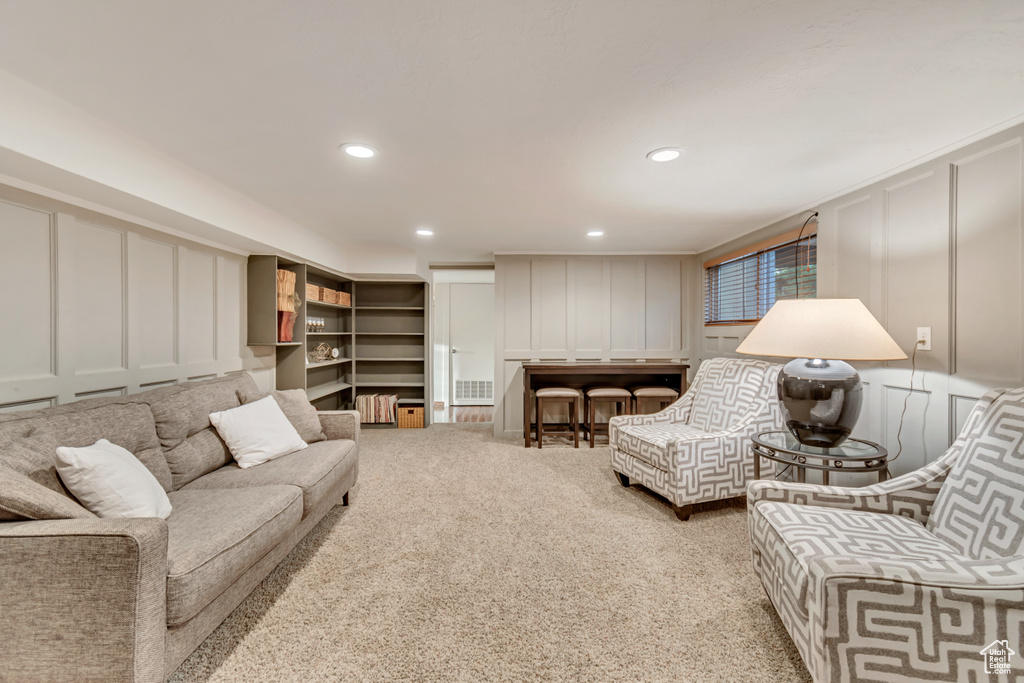 Living room with light carpet