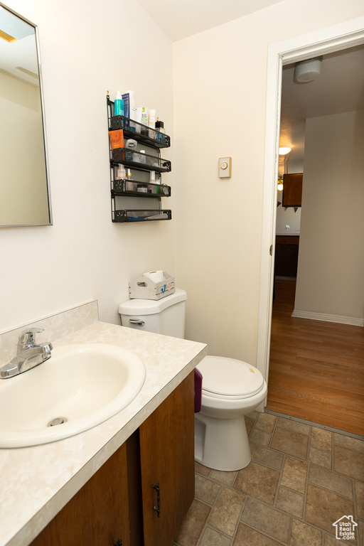 Bathroom featuring vanity, toilet, and hardwood / wood-style flooring