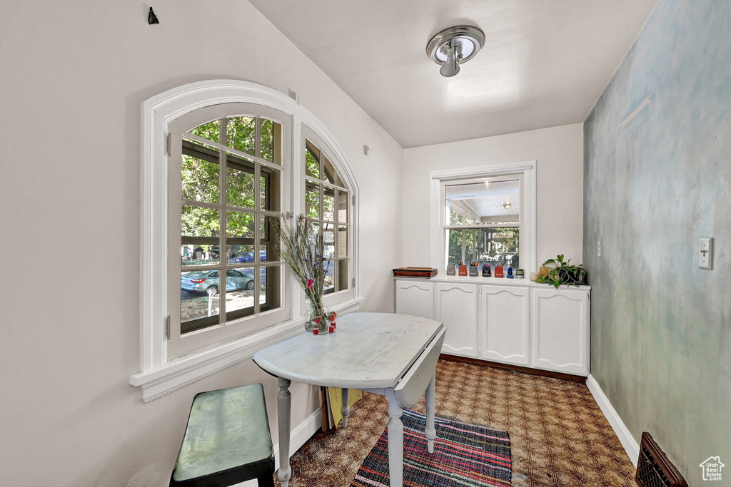 Carpeted dining space featuring a healthy amount of sunlight