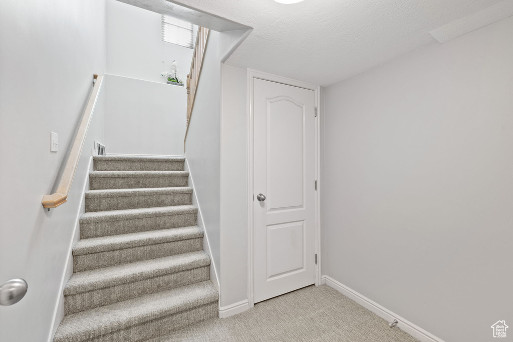 Stairs with carpet flooring and a textured ceiling