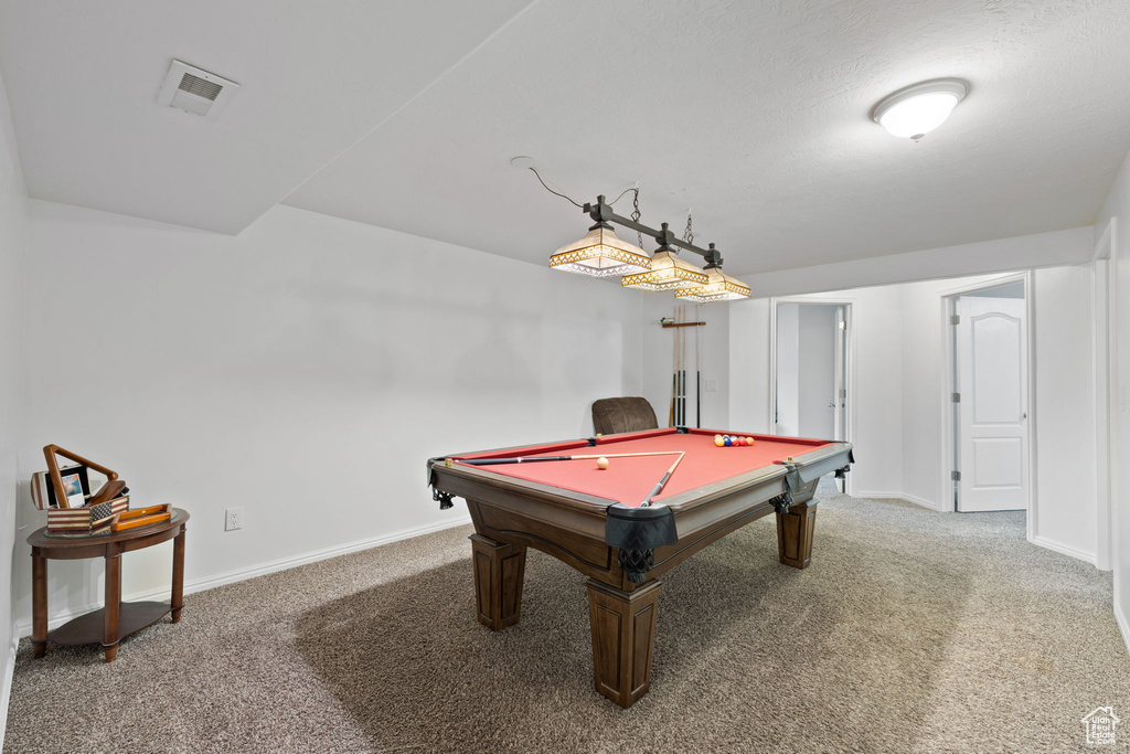 Playroom featuring carpet floors and pool table