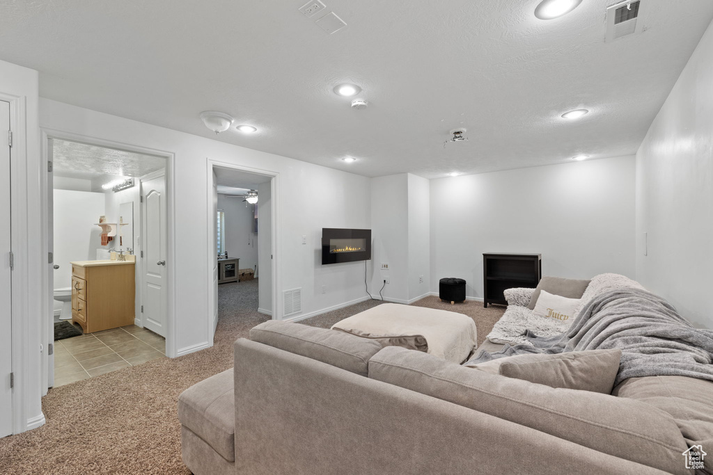 Carpeted living room with a textured ceiling