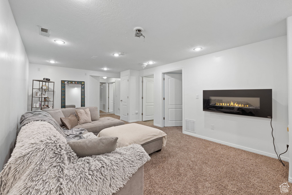 Carpeted living room featuring a textured ceiling