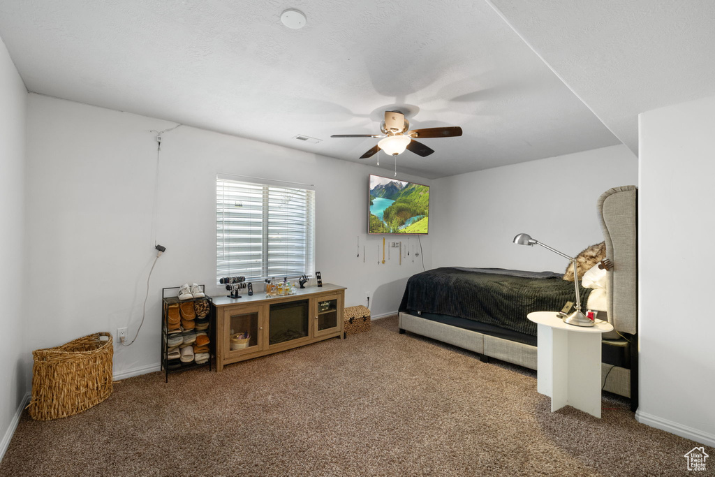 Carpeted bedroom with ceiling fan