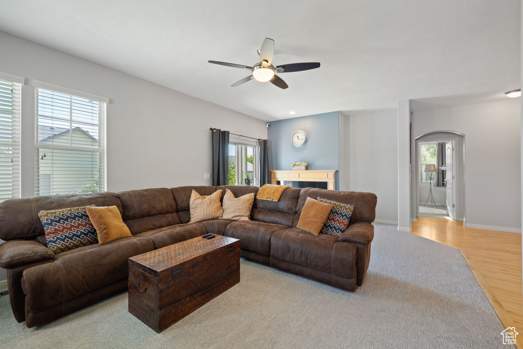 Living room featuring ceiling fan, a wealth of natural light, and light hardwood / wood-style flooring