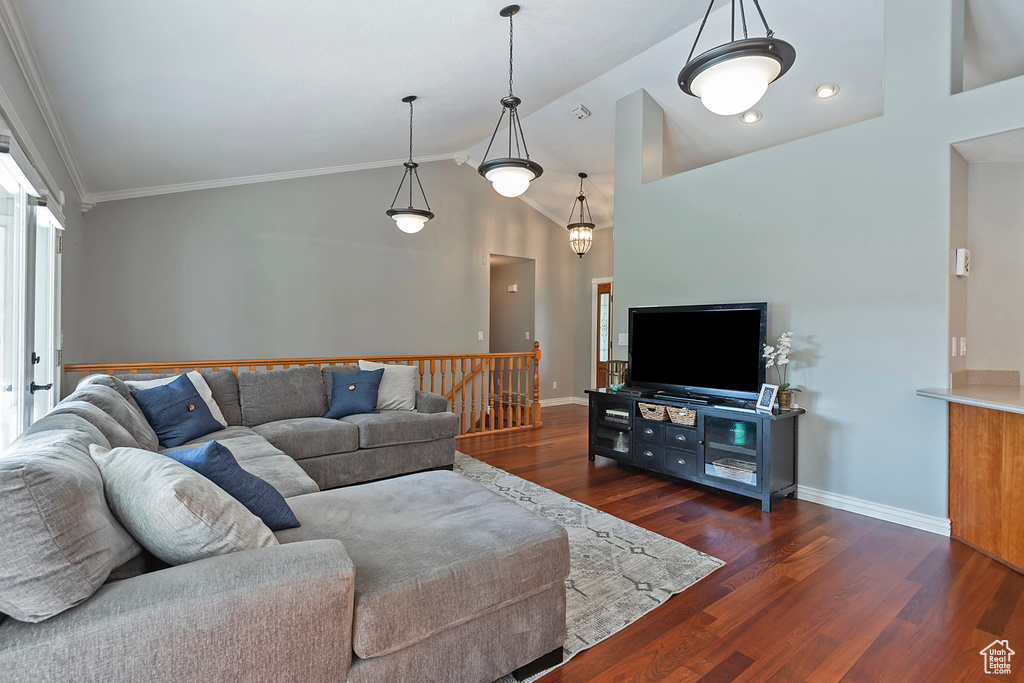 Living room with lofted ceiling, crown molding, and dark wood-type flooring