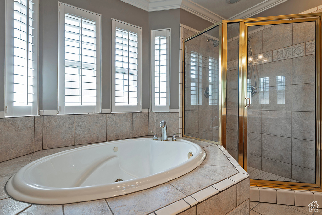 Bathroom featuring ornamental molding, a healthy amount of sunlight, and independent shower and bath