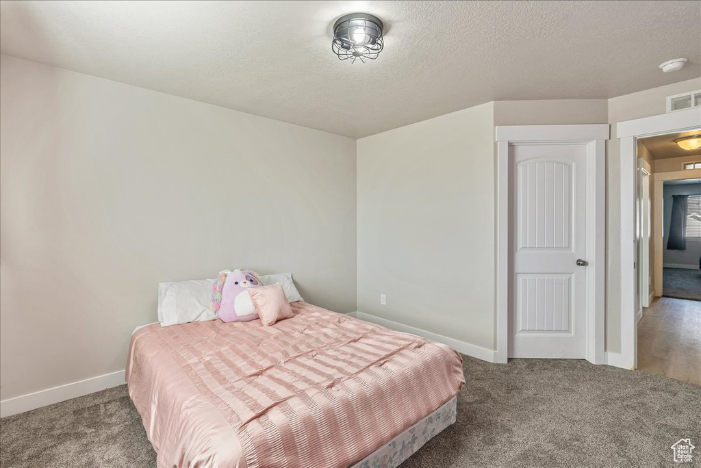 Carpeted bedroom featuring a textured ceiling