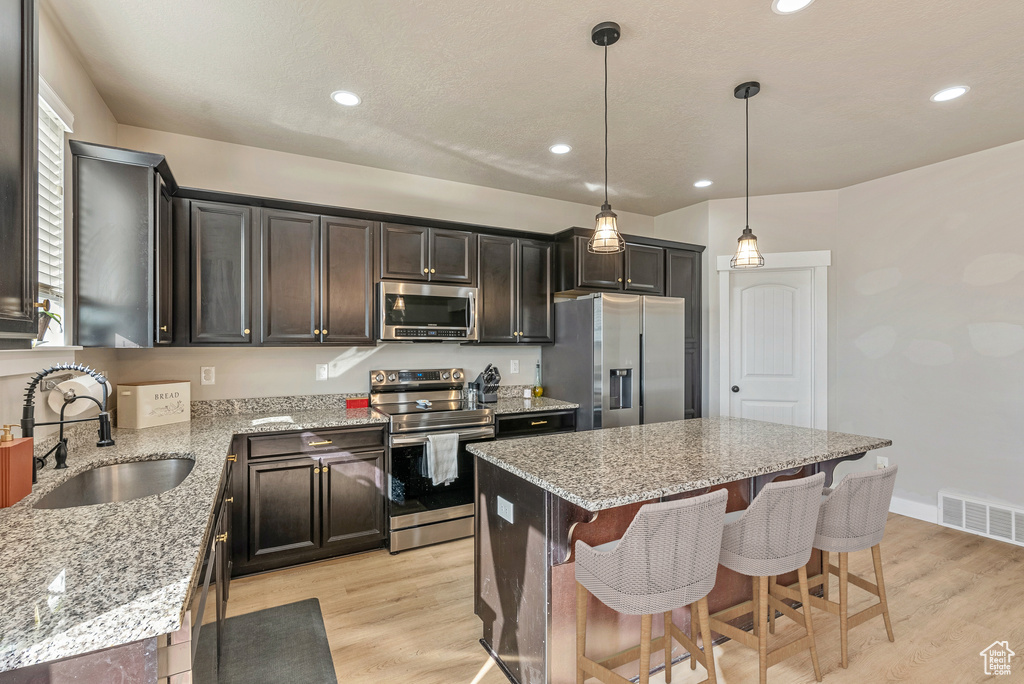 Kitchen featuring pendant lighting, light hardwood / wood-style floors, appliances with stainless steel finishes, and a kitchen island