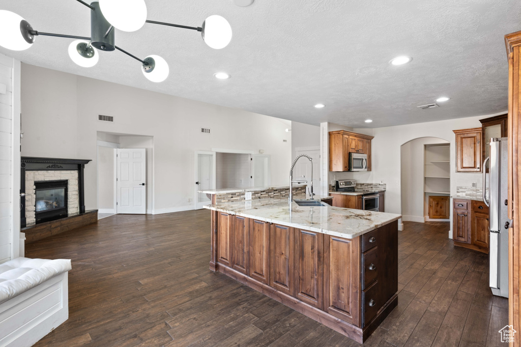 Kitchen featuring dark wood-type flooring, a large island with sink, sink, a fireplace, and appliances with stainless steel finishes