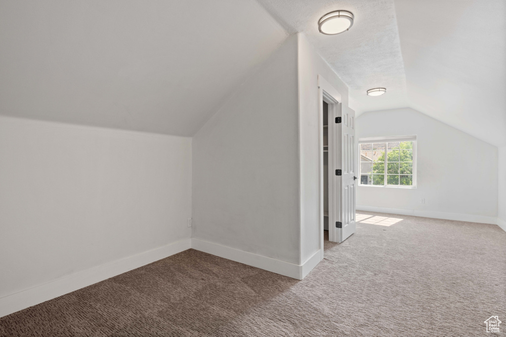 Additional living space featuring carpet floors and vaulted ceiling