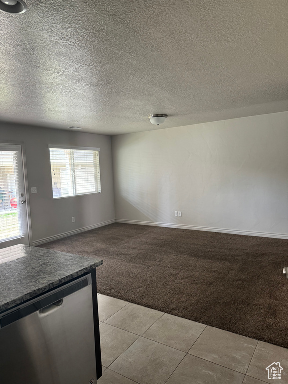 Interior space featuring light carpet and a textured ceiling