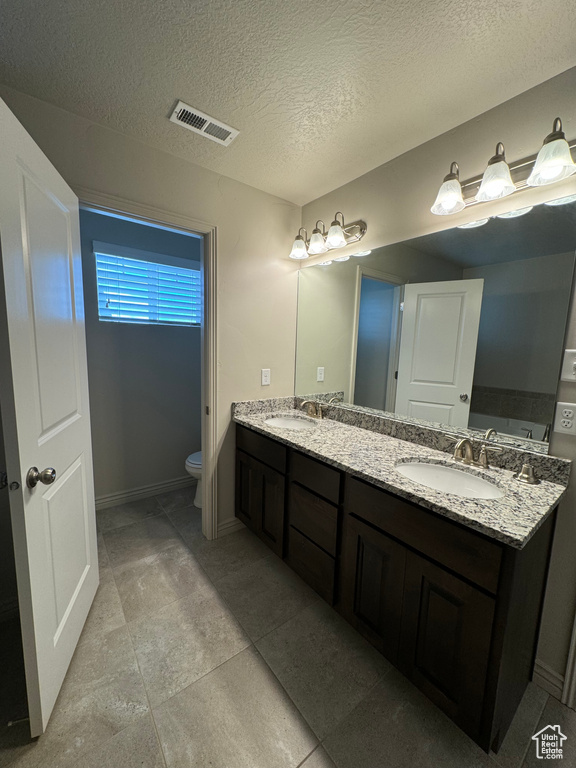 Bathroom featuring vanity, toilet, and a textured ceiling