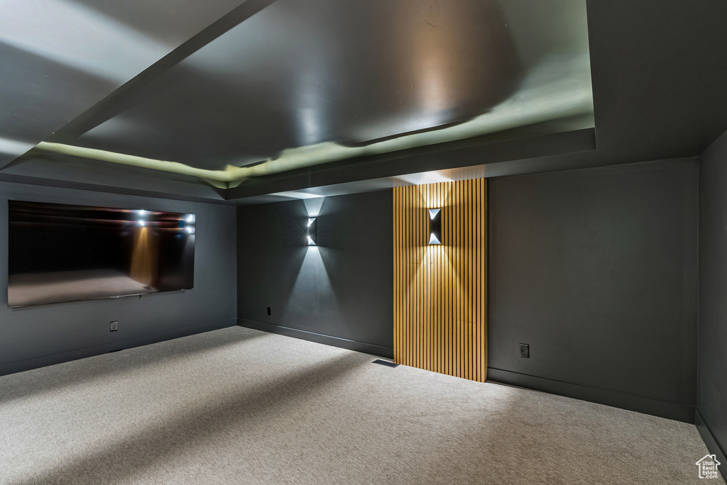 Carpeted home theater with a tray ceiling