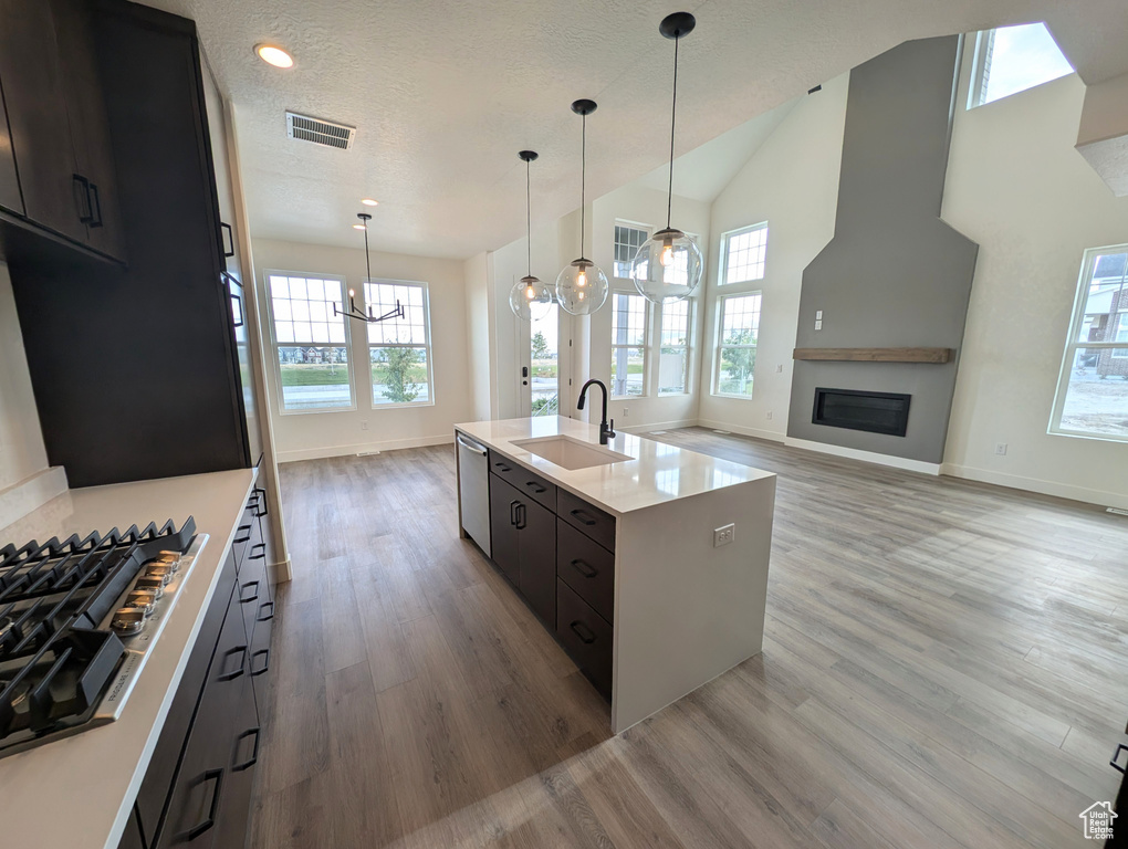 Kitchen with an island with sink, light hardwood / wood-style floors, plenty of natural light, and sink