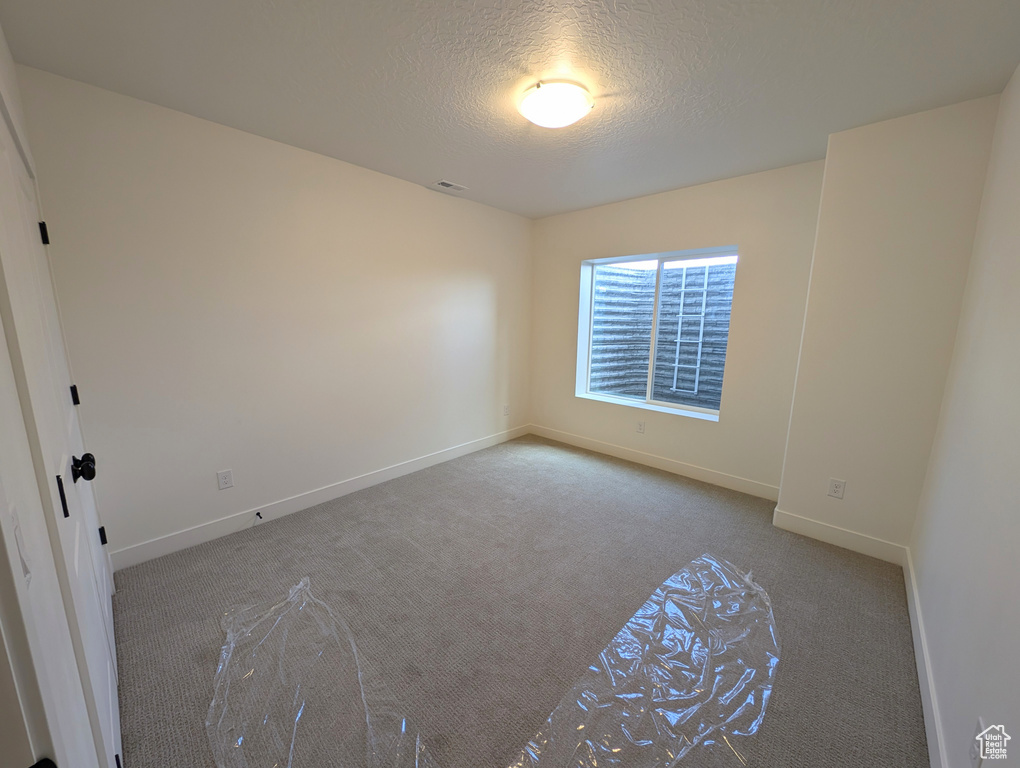 Spare room featuring light colored carpet and a textured ceiling