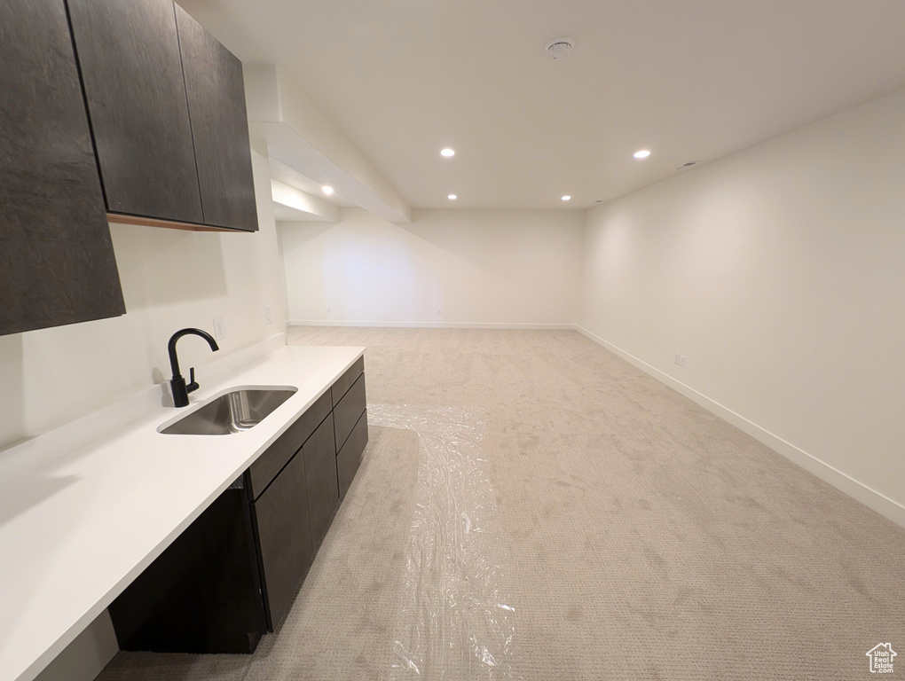 Kitchen with light carpet, dark brown cabinetry, and sink